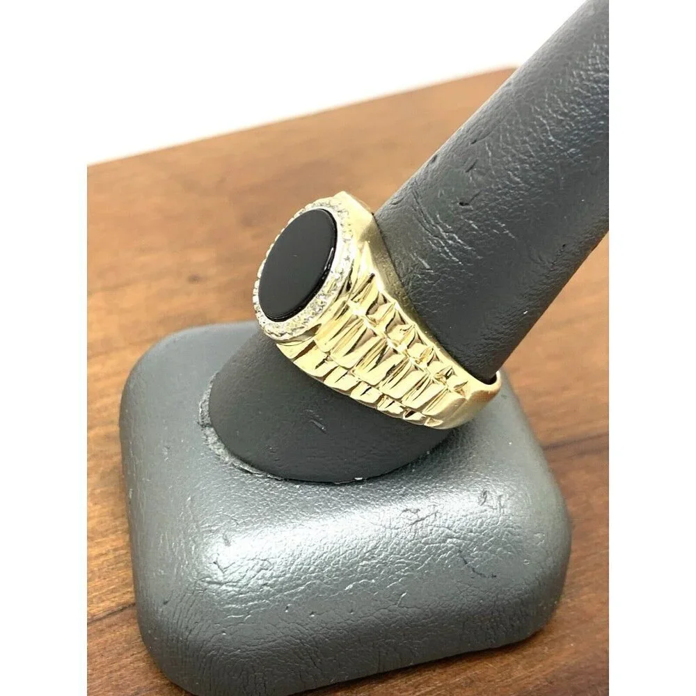 Rolex Style Ring 10k Yellow Gold Diamond Onyx Statement Cocktail Men's S…